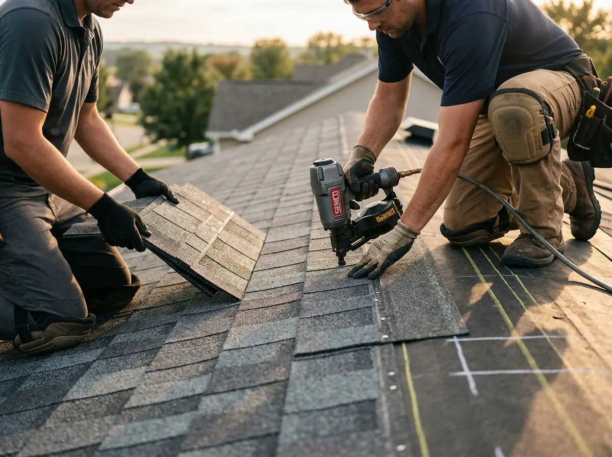 Professional roofer working on a residential roof in Roseville